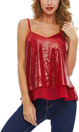 SATINIOR Christmas Women Sequin Tank Tops Sparkly Sequin Camisole Tops Glitter Sequined Vest Christmas Party