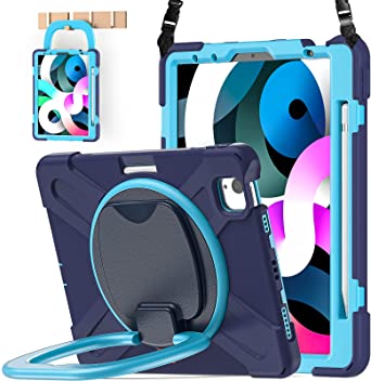 BATYUE Case for iPad Air 4 2020 10.9 inch, iPad Pro 11 inch 3rd/2nd/1st Generation(2021/2020/2018);Shockproof Drop Protection Cover with Pencil Holder,360° Swivel Stand,Shoulder Strap(Navy Blue Blue)