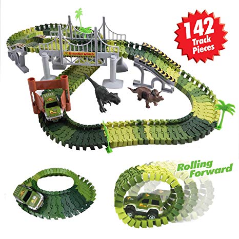 TTOUADY Jurassic World Dinosaur Toys Set, Dinosaur World Toys Car Track Bridge Create A Road, Educational Toys for Kids and Toddlers(142 Track Pieces)