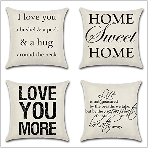 Leaveland Love You Hug Sweet Home Life Quotes Set of 4 18x18 Inch Cotton Linen Square Throw Pillow Case Decorative Durable Cushion Home Decor Sofa Standard Size Accent Pillowcase