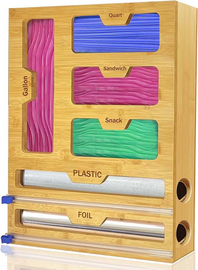 Bamboo Ziplock Bag Organizer for Drawer, Foil and Plastic Wrap Organizer, 6 In 1 Plastic Bag Organizer for Drawer, Baggie Organizer for Drawer