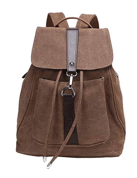 onlypuff Canvas School Backpack for Girls Women Drawstring Casual Daypack, Brown