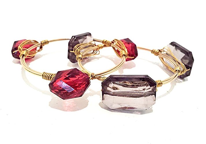 Gold Wire Wrap Stacking Bangle Set Gray Brown and Crimson Crystal Stones for Women