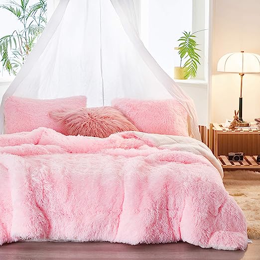 Joyreap 3-Piece Plush Shaggy Comforter Set, Twin Size Luxury Faux Fur Sherpa Reversible Bedding Comforter Set, Ultra Cozy Warm Fluffy Bedding Set for Winter (Pink, 68x86 inches)
