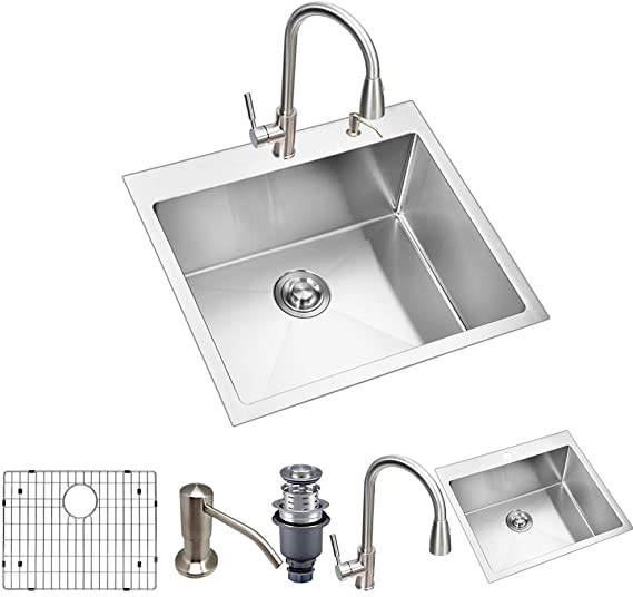 Primart 25 X 22 Inch 16 Gauge Single Bowl Top Mount Drop-In Kitchen Sinks (25 X 22 X 10 Inch, 25 Inch Sink-2 Holes   Pull Faucet)