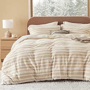 Bedsure Fluffy Queen Comforter Set - Ultra Soft Plush Shaggy Sherpa Fleece Stripe Comforter Queen Size, Warm Flannel Fleece Bed Sets for Winter, 1 Beige Comforter (90"x90") and 2 Pillowcases (20"x26")