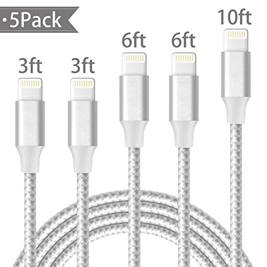 Lightning Cable,AOFU Charger Cables 5Pack 2x3FT 2x6FT 10FT to USB Syncing and Charging Cable Data Nylon Braided Cord Charger for iPhoneX/8Plus/8/7/7Plus/6/6Plus/6s/6s Plus/5/5s/5c and more-SilverWhite