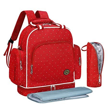 S-ZONE Multi-function Baby Diaper Bag Backpack with Changing Pad and Portable Insulated Pocket (Red Dot)