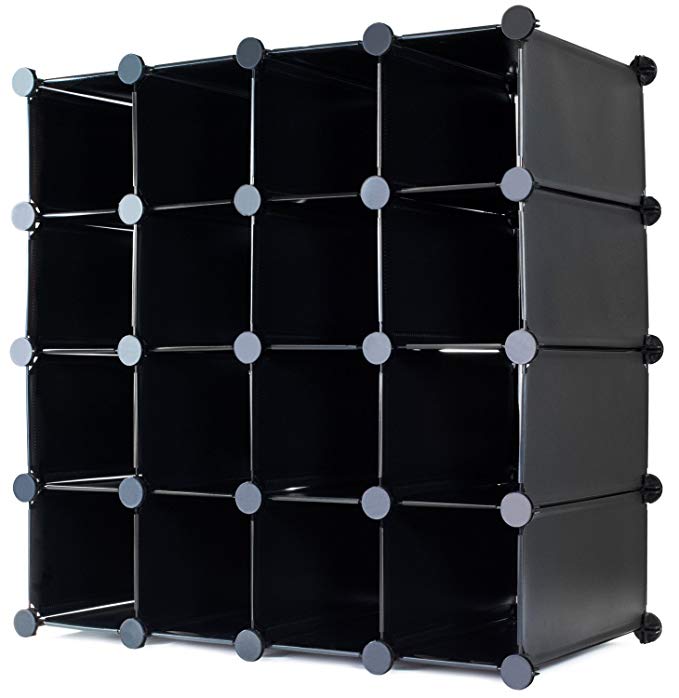 LIVIVO Multi-Purpose 16 Section Interlocking Cube Shoe Rack Organiser with Back Panels (Black)