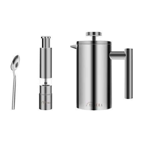 YICHA Kitchenware Heavy Duty Double-layers Stainless Steel 2-3 Cups (3-6oz/Cup) French Press Small Coffee/Tea Maker 12oz/350ml, Manual Thumb Push Pepper Grinder 6-inch Salt Mill, Tea Spoon, Pack of 3
