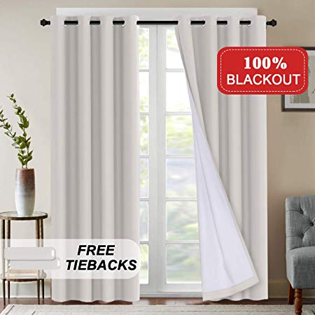 100% Blackout Curtains Extra Long 108 Inches Thermal Insulated Blackout Curtains for Patio Sliding Doors Grommet Decorative Curtains & Draperies Waterproof Curtains with Tie-Back, 2 Panels, Natural
