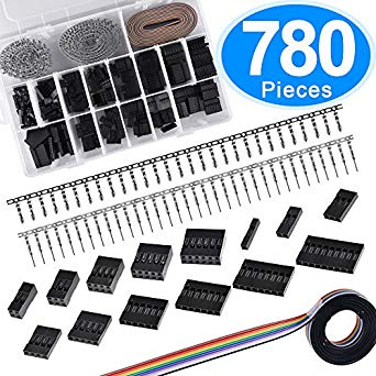 SIQUK 780 Pieces 2.54mm Pitch Dupont Housing Connector 1/2/3/4/5/6/7/8/9 Pin Dupont Male Female Crimp Pins with 10 Wire Rainbow Color Flat Ribbon IDC Cable Assortment Kit