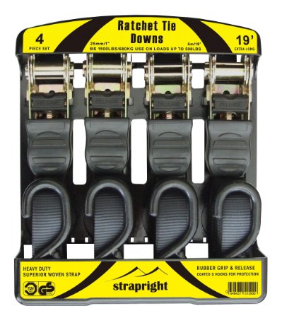 Ratchet Tie Down Straps 4 Pack at 19ft, Extra Long Black Webbing. Heavy Duty with Rubber Handle Which Won't Come Off. Comes with BONUS Storage Bag & Instructional Booklet