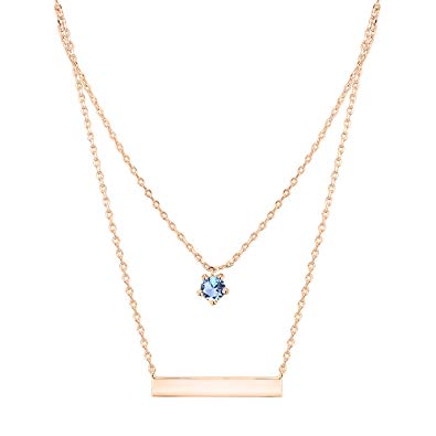 PAVOI 14K Rose Gold Plated Swarovski Crystal Birthstone Necklace Bar Pendant Engravable Customizable 18"   2" Extender