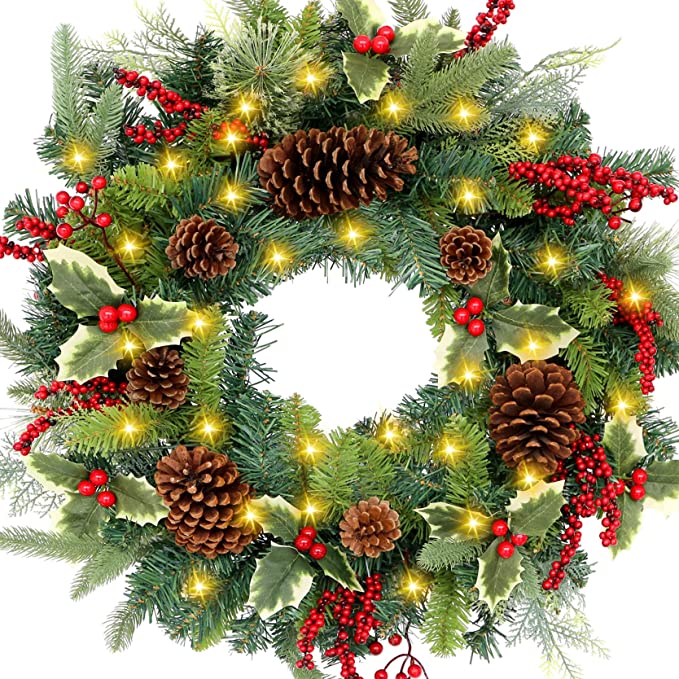 Christmas Wreath,Pre-Lit Handcrafted Christmas-Wreaths-with-Lights-for-Front-Door,24-inch Battery Operated 50 LED Christmas Wreaths Flocked Holiday Accents,Indoor & Outdoor Christmas Decorations Gifts