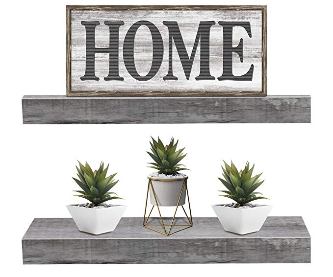 Sorbus Floating Shelf Set — Rustic Wood Hanging Rectangle Wall Shelves — Perfect for Home Décor, Trophy Display, Photo Frames, and More (2-Pack, Grey)