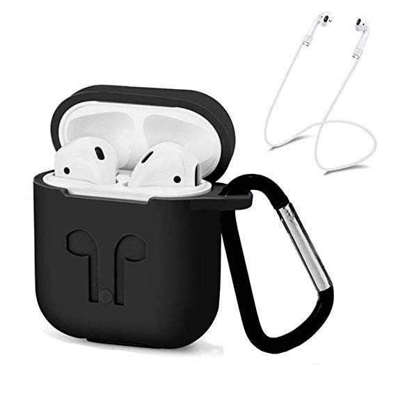 Livoty Silicone Case Cover Skin Case w/Carabiner Anti-Lost Earphone Strap for Apple AirPods (Black)