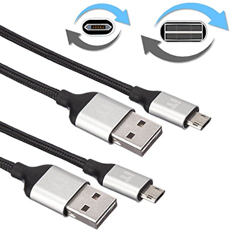 InfoTechnica [2-Pack & fully reversible] exquisite premium 2 Meters (6.6ft) nylon braided micro USB cable pack, High speed tangle free fully patented reversible design at both ends USB data cable with streamline design in aluminium alloy shell Charging & Syncing Android, Samsung, HTC, LG, Nokia, BlackBerry, Sony and many more devices with micro-USB charging socket. (Black)
