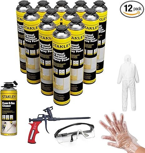 STANLEY Supercoat Spray Foam Insulation Kit - Closed Cell Spray Foam Covers Up to 240 Sq.Ft. - Including Gun, Cleaner, Safety Items - 27.1 oz, 12 Pack