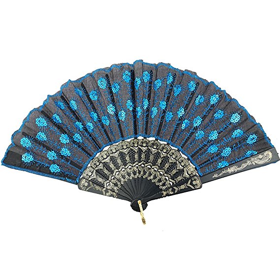InnoLife Elegant Colorful Embroidered Flower Peacock Pattern Sequin Fabric Folding Handheld Hand Fan Hand-crafted (Sky Blue)