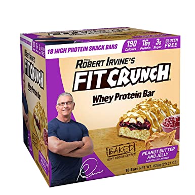 FITCRUNCH Snack Size Protein Bars, Designed by Robert Irvine, World’s Only 6-Layer Baked Bar, Just 3g of Sugar & Soft Cake Core (18 Count, Peanut Butter and Jelly)