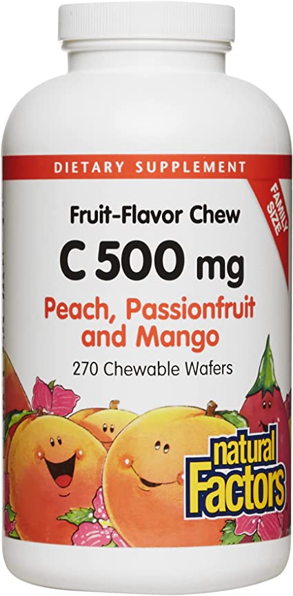 Natural Factors, Vitamin C 500 mg, Kids Chewable, Peach, Passionfruit, Mango, Vegan, Non-GMO, 270 wafers (270 Servings)