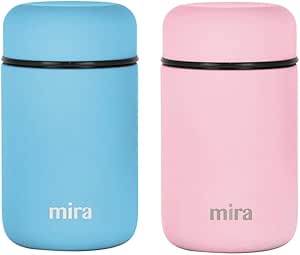 MIRA 2 Pack Insulated Food Jar Thermo for Hot Food & Soup, Compact Stainless Steel Vacuum Lunch Container, 13.5 oz, Pearl Blue, Pink