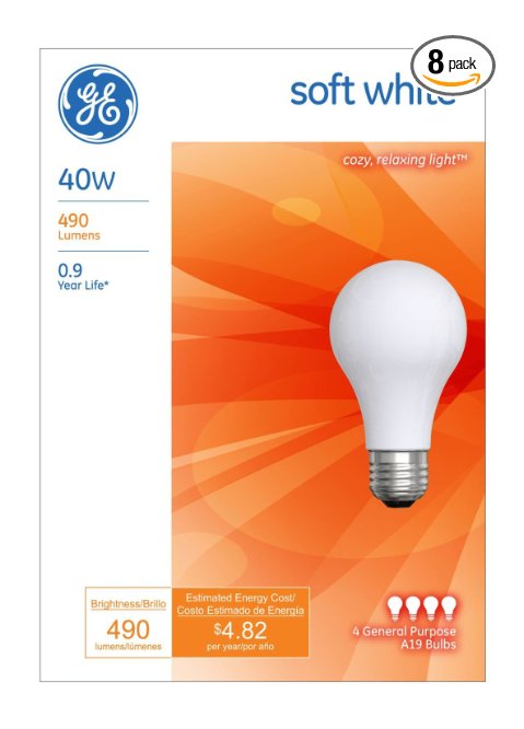 GE Lighting 13257 40-Watt A19, Soft White, 8-Pack