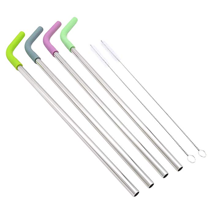 Big Drinking Straws Reusable 13" Extra Long 8mm Extra Wide Food-Grade 18/8 Stainless Steel Silicone Elbows Tips Covers for Smoothie Milkshake Cocktail Juice Hot Drinks - Set of 4   2 Cleaning Brushes