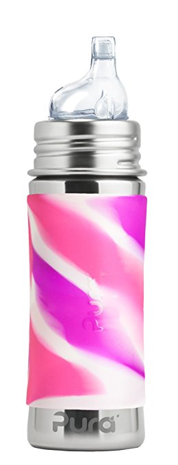 Pura Kiki 11 Oz / 325 Ml Stainless Steel Sippy Cup With Silicone Xl Sipper Spout & Sleeve, Pink Swirl (plastic Free, Nontoxic Certified, Bpa Free)