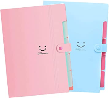 Forlisea 2 Packs Expanding File Folder Pockets A4 Plastic File Folder Accordion Document Organizer with Snap Closure 5 Pockets Plastic Bill/Invoice/Receipt Container for School and Office