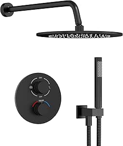 Gabrylly Thermostatic Shower Faucet Set, All Metal Shower System with Anti Scald Shower Valve, High Pressure 10" Rain Shower head with Handheld Spray Combo, Matte Black