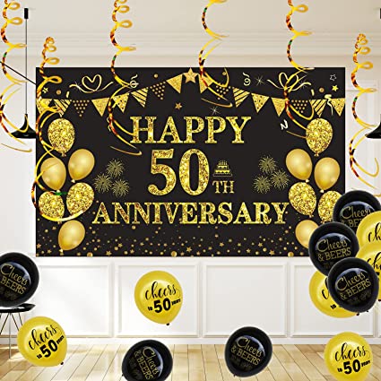 DARUNAXY 50th Wedding Anniversary Decorations, Large Happy 50th Anniversary Banner Backdrop 70 x 43 Inches, Black and Gold Party Balloons, Hanging Swirls for Indoor Outdoor Home Wall Party Supplies
