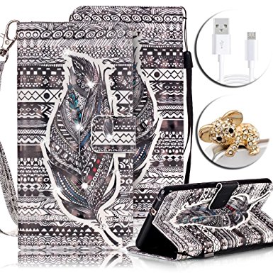 Samsung Galaxy Grand Prime G530 Case,Vandot Bling Diamond Colorful Painting Pattern PU Leather Magnetic Closure Flip Stand Wallet Case Skin Cover With 2 Wrist Straps Anti Dust Plug USB Cable-Feather