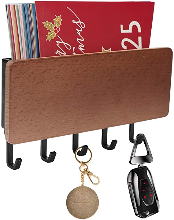 WINCANG Key Holder for Wall with 5 Key Hooks,Mini 7 Inch Wall Mount Mail Letter and Key Rack Holder Organizer,Key Hook Hanger for Entryway Kitchen Bathroom Door Home Decor,Brown (Black)
