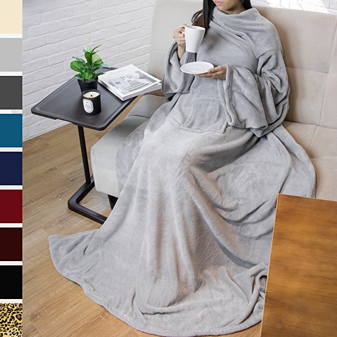 Premium Fleece Blanket with Sleeves by Pavilia | Warm, Cozy, Extra Soft, Functional, Lightweight (Light Gray)