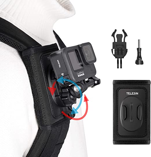 TELESIN 360 Rotation Bag Backpack Shoulder Strap Mount with Adjustable Pad J Hook, Holder Attachment System for GoPro Max Hero 9 8 7 6 5, Osmo Action, Insta 360 One R Cameras