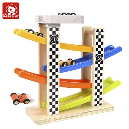 TOP BRIGHT Wooden Ramp Race Track with 4 Cars for Toddlers - BPA Free