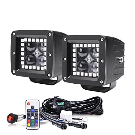 MICTUNING 3'' 12W Wireless Remote RGBW Halos LED Spot Light Pod Driving Fog Work Lamp with Free Wiring Harness - Pack of 2