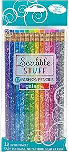 RoseArt Scribble Stuff Fashion Pencil Pack, Rainbow Glitter Galaxy Edition, Unsharpened, Back To School Pencils, 12 Count