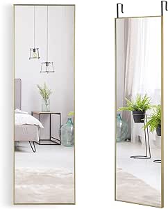 COSTWAY Over the Door Mirror, 120x37cm Full Length Hanging Mirrors with Adjustable Hooks and Aluminum Alloy Frame, Wall Mounted Dressing Mirror for Bathroom, Bedroom and Wardrobe (Gold)