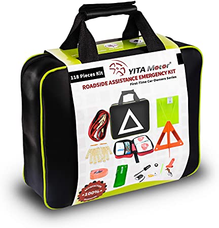 YITAMOTOR Car Emergency Kit Care First Aid Roadside Safety Toolkit with Jumper Cables, Tow Strap, LED Flash Light, Cleansing Wipes, Vest, Bandages and More Ideal Accessory