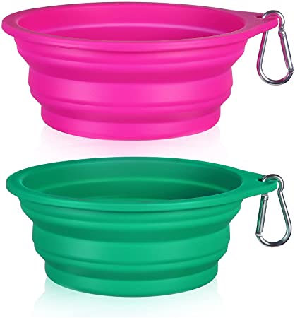 SLSON 2Pack Collapsible Dog Bowl,Integrated Molding Travel Bowl No Plastic Rim Pet Feeding Bowls for Walking Traveling Outdoors,600ML (Pink Green)