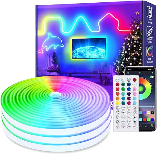 vimeepro 50Ft Led neon Rope Lights Music Sync IP65 Waterproof Flexible Led Rope Lights 40Key Remote/APP Control,Outdoor RGB Neon Lights, DIY Wall Decor Led Neon Strip Lights for Bedroom Indoor.