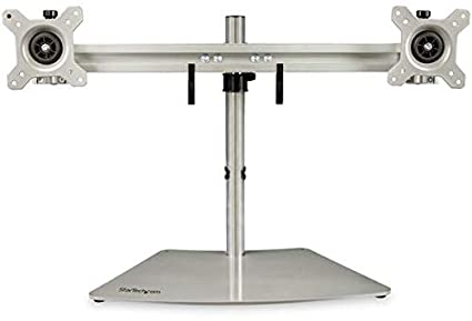 StarTech.com Dual Monitor Stand - Ergonomic Free Standing Dual Monitor Desktop Stand for Two 24" VESA Mount Displays - Synchronized Height Adjustable - Double Monitor Pole Mount - Silver (ARMDUOSS)