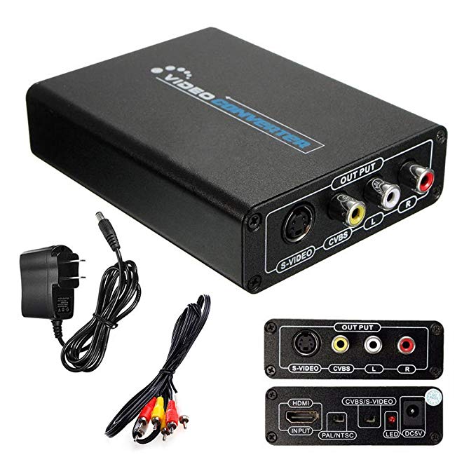 Jahyshow HDMI to 3RCA/AV/CVBS Composite & S-Video R/L Audio Converter Adapter Upscaler Support 720P/1080P with 3RCA S-Video Cable for DVD/VCR/PS2/PS3/Xbox/HDTV Black