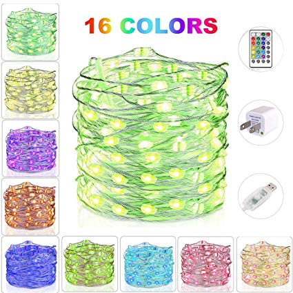 Polaristar Fairy Lights,33ft 100led USB Plug in RGB String Lights with Remote Waterproof Decorative Silver Wire Lights for Wedding Party Bedroom Indoor Outdoor Decoration,16 Colors