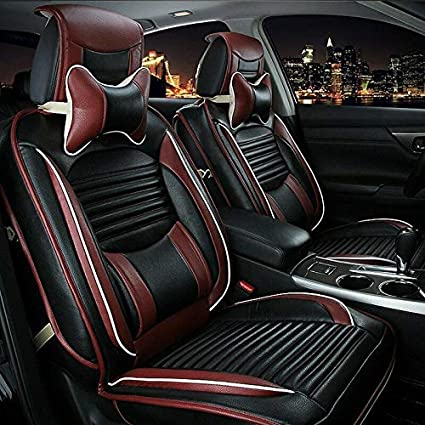 MAGQOO Universal 5 Seats PU Leather Car Seat Cover Full Set Front   Rear Cushions w/Pillows Black/Red