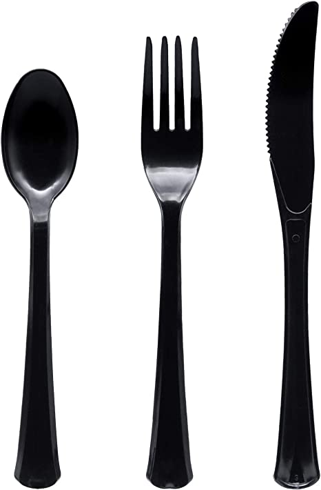 Party Essentials Extra Heavy Duty Hard Plastic Cutlery Combo Pack and Full Size Knives/Forks/Spoons, Black, 8 Place Setting-Count