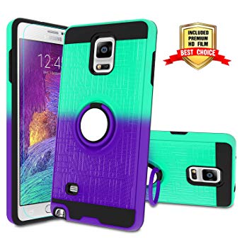 Galaxy Note 4 Case, Note 4 Phone Case with HD Screen Protector,Atump 360 Degree Rotating Ring Holder Kickstand Bracket Cover Phone Case for Samsung Galaxy Note 4 Mint/Purple